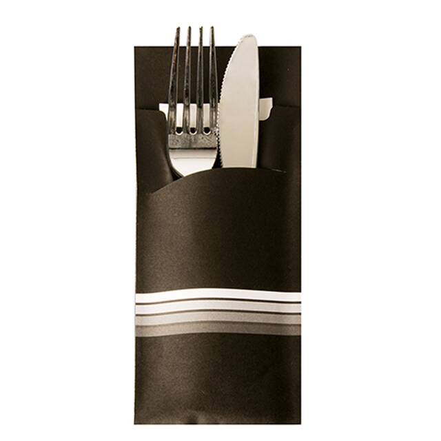 520 Stück Bestecktaschen  Stripes  schwarz/weiss, 20 x 8,5 cm, inkl. weißer Serviette 33 x 33 cm 2-lag.