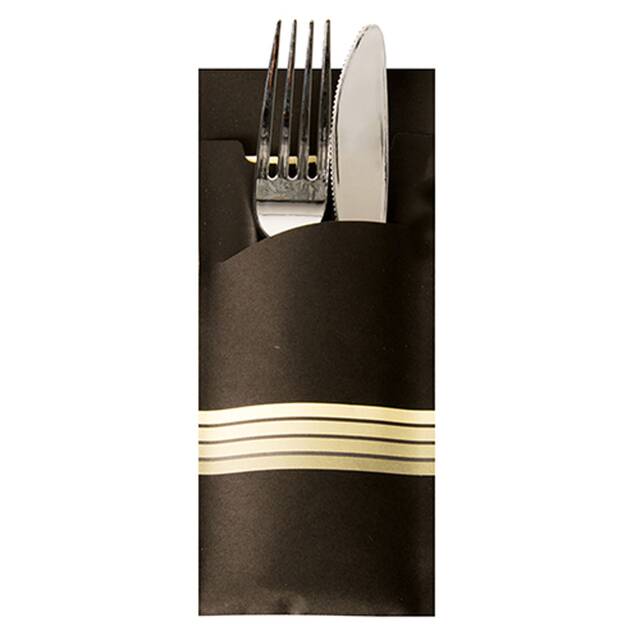 520 Stück Bestecktaschen  Stripes  schwarz/creme, 20 x 8,5 cm, inkl. farbiger Serviette 33 x 33 cm 2-lag.