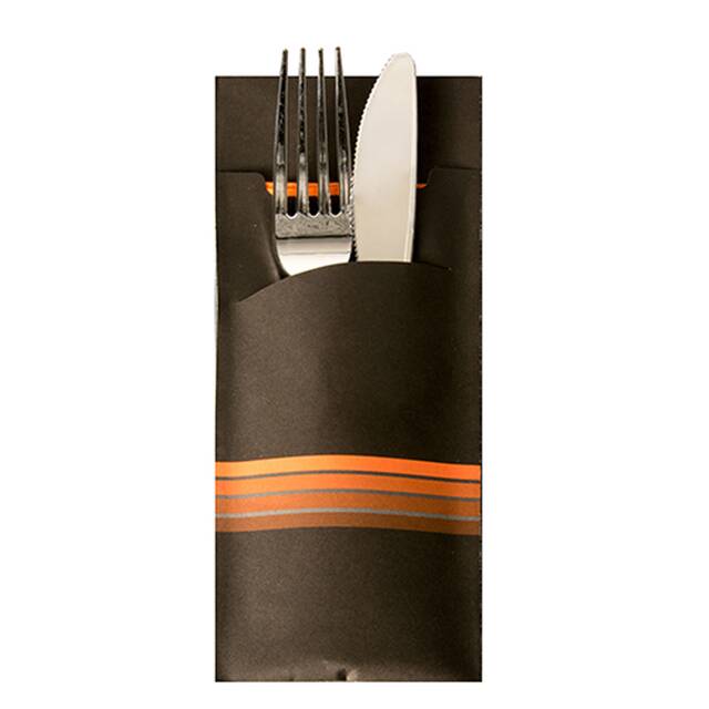 520 Stck Bestecktaschen  Stripes  schwarz/orange, 20 x 8,5 cm, inkl. farbiger Serviette 33 x 33 cm 2-lag.