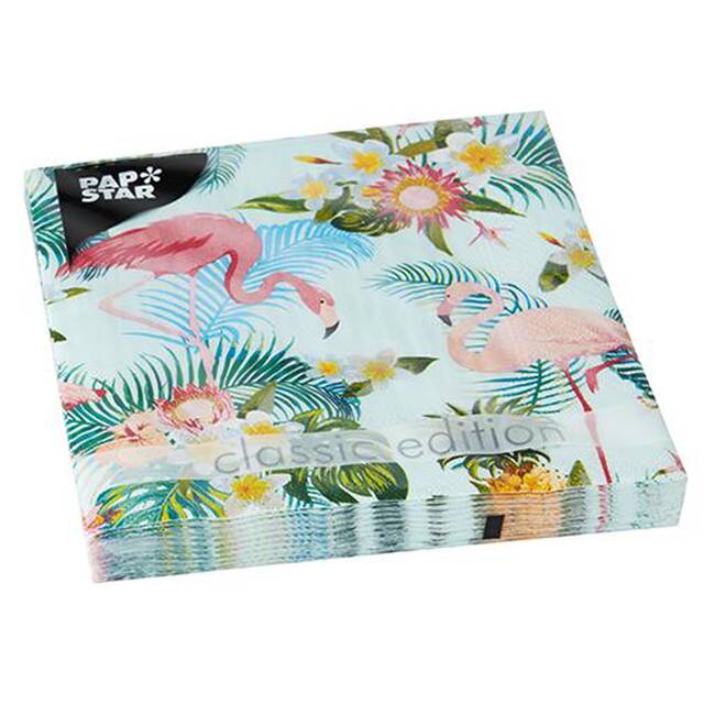 200 Servietten, 3-lagig 1/4-Falz 33 cm x 33 cm  Exotic Flamingos