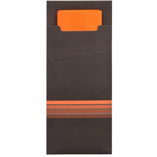 520 Stück Bestecktaschen  Stripes  schwarz/orange, 20 x 8,5 cm, inkl. farbiger Serviette 33 x 33 cm 2-lag.