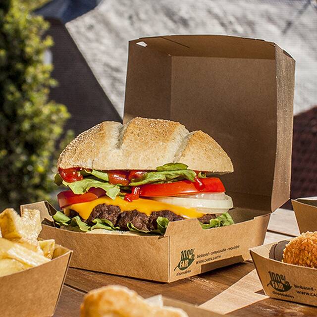 225 Stück Burgerboxen, Pappe  pure  18,5 x 18,5 cm braun  100% Fair  XXL