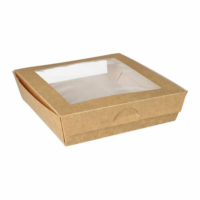 100 Stck Feinkostboxen, Pappe mit Sichtfenster aus PLA eckig 1500 ml 19 x 19 cm x 5 cm braun
