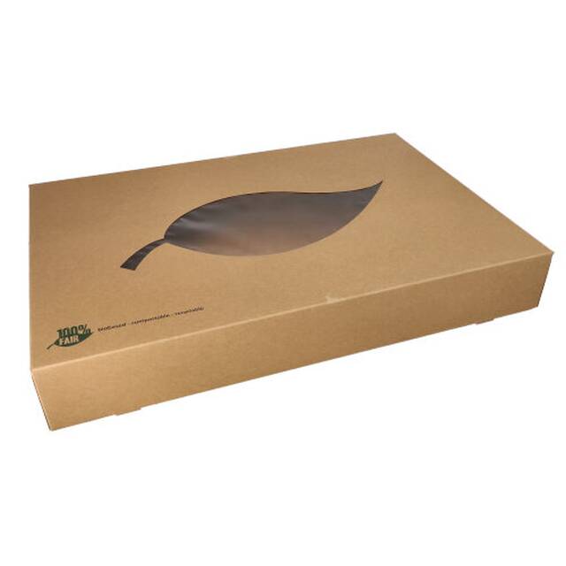 40 Stck Catering-Kartons, Pappe  pure  55,7 x 37,6 cm braun  100% Fair  mit Sichtfenster aus PLA