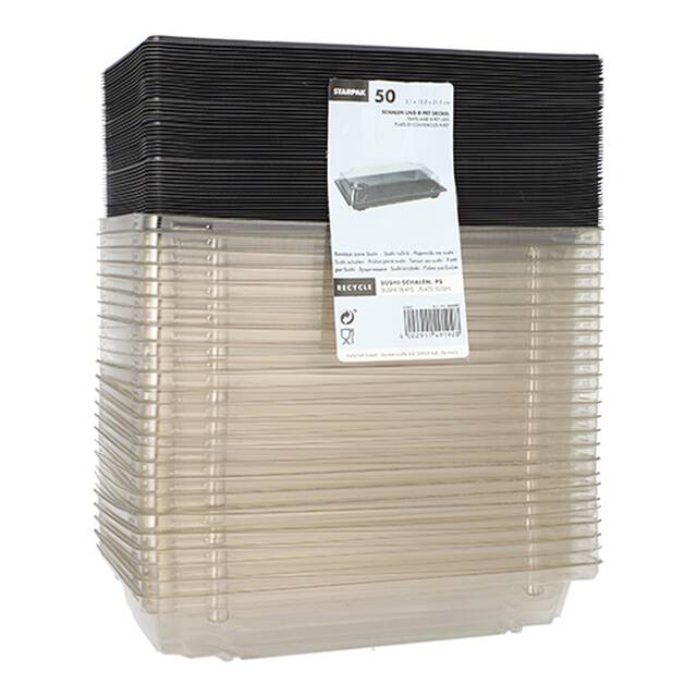 400 Stck Sushi-Boxen, schwarz, PS, 4 x 13,5 x 21,5 cm, mit Deckel