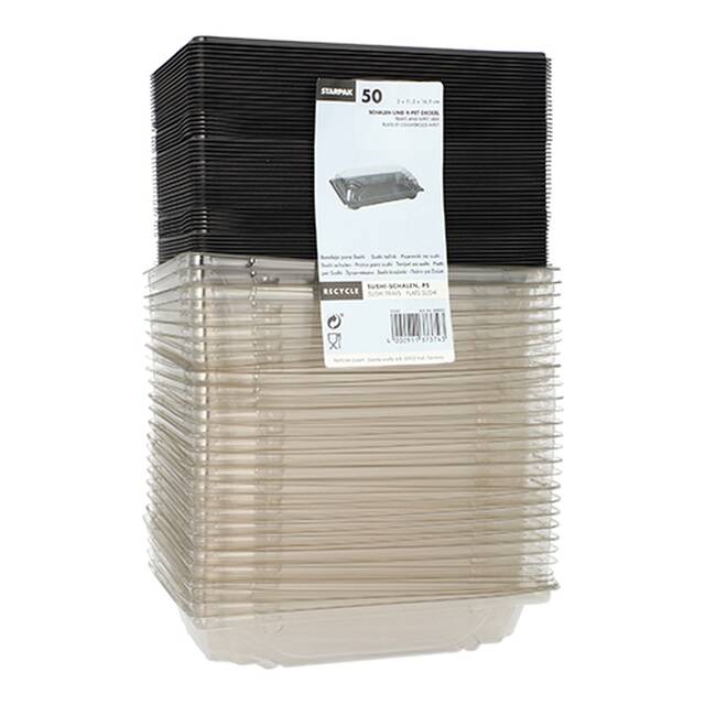 400 Stck Sushi-Boxen, schwarz, PS, 3,8 x 11,5 x 16,5 cm, mit Deckel